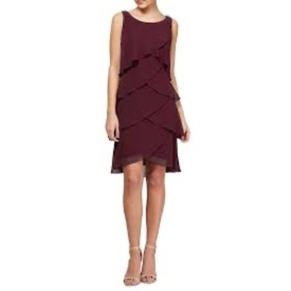 SLNY Women Tiered Chiffon Cocktail Dress Fig‎ Purple Rhinestone Shoulder 14 NEW